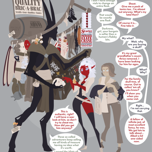 A walking Rindr merchant selling his goods to Fiona and Lily