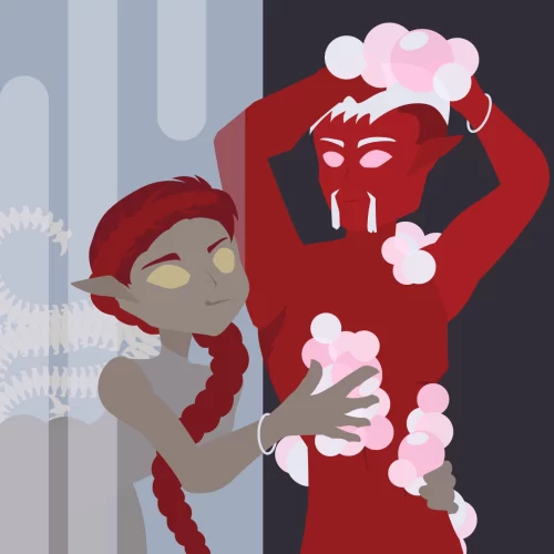 Two elves washing in the soap room waterfall