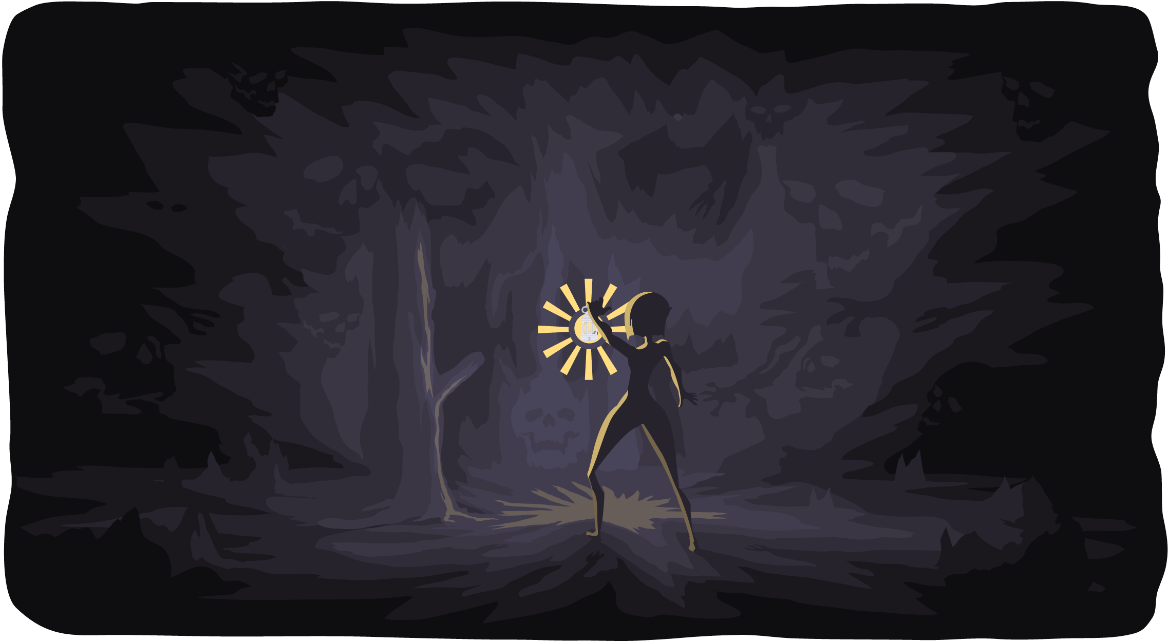 Elf holding an oil lantern traveling into the darkness