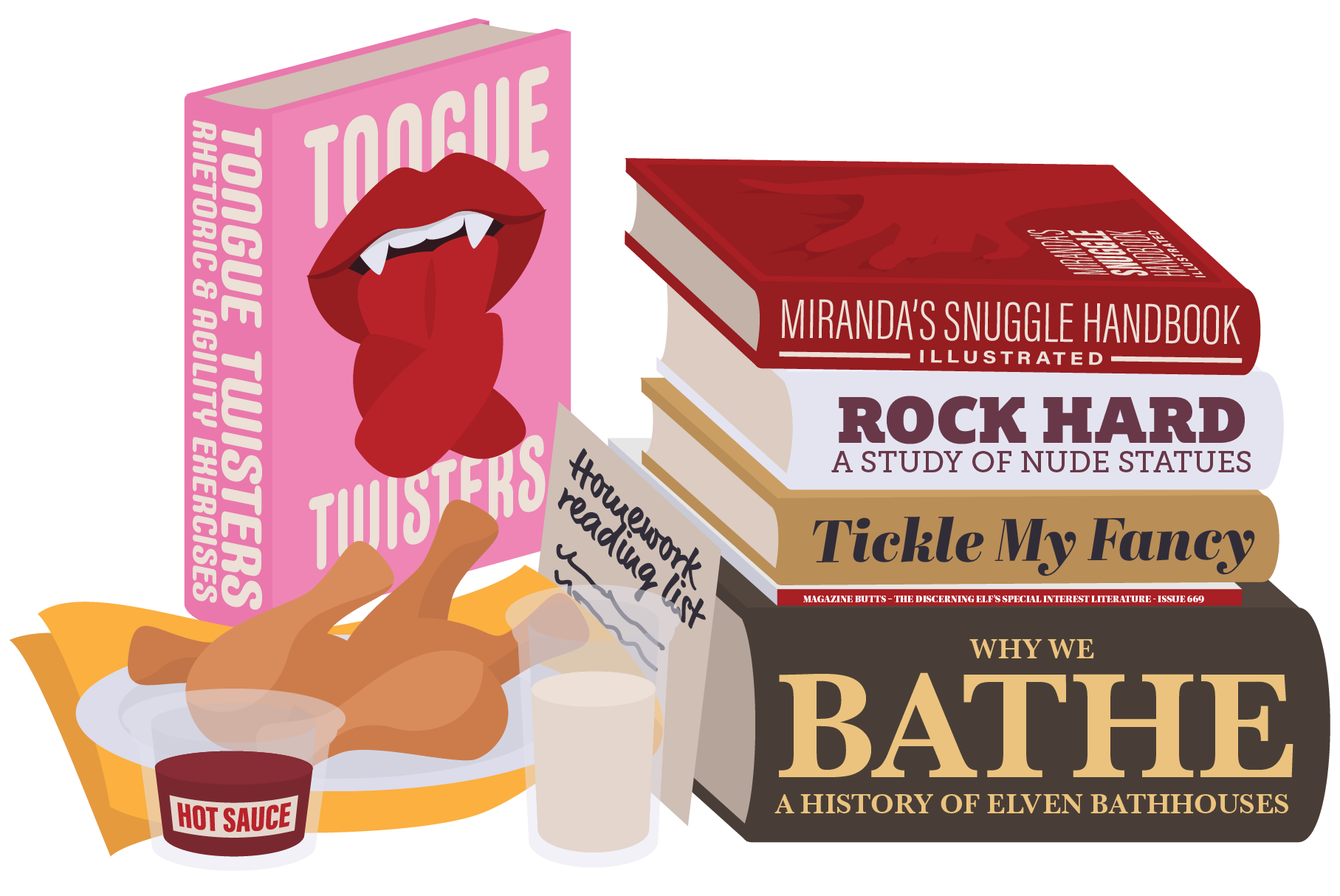 Elven books as homework: Tongue Twisters: Rhetoric & Agility Exercises, Why We Bathe: A History of Elven Bathhouses, Miranda’s Snuggle Handbook, Rock Hard: A Study of Nude Statues, and Tickle My Fancy.