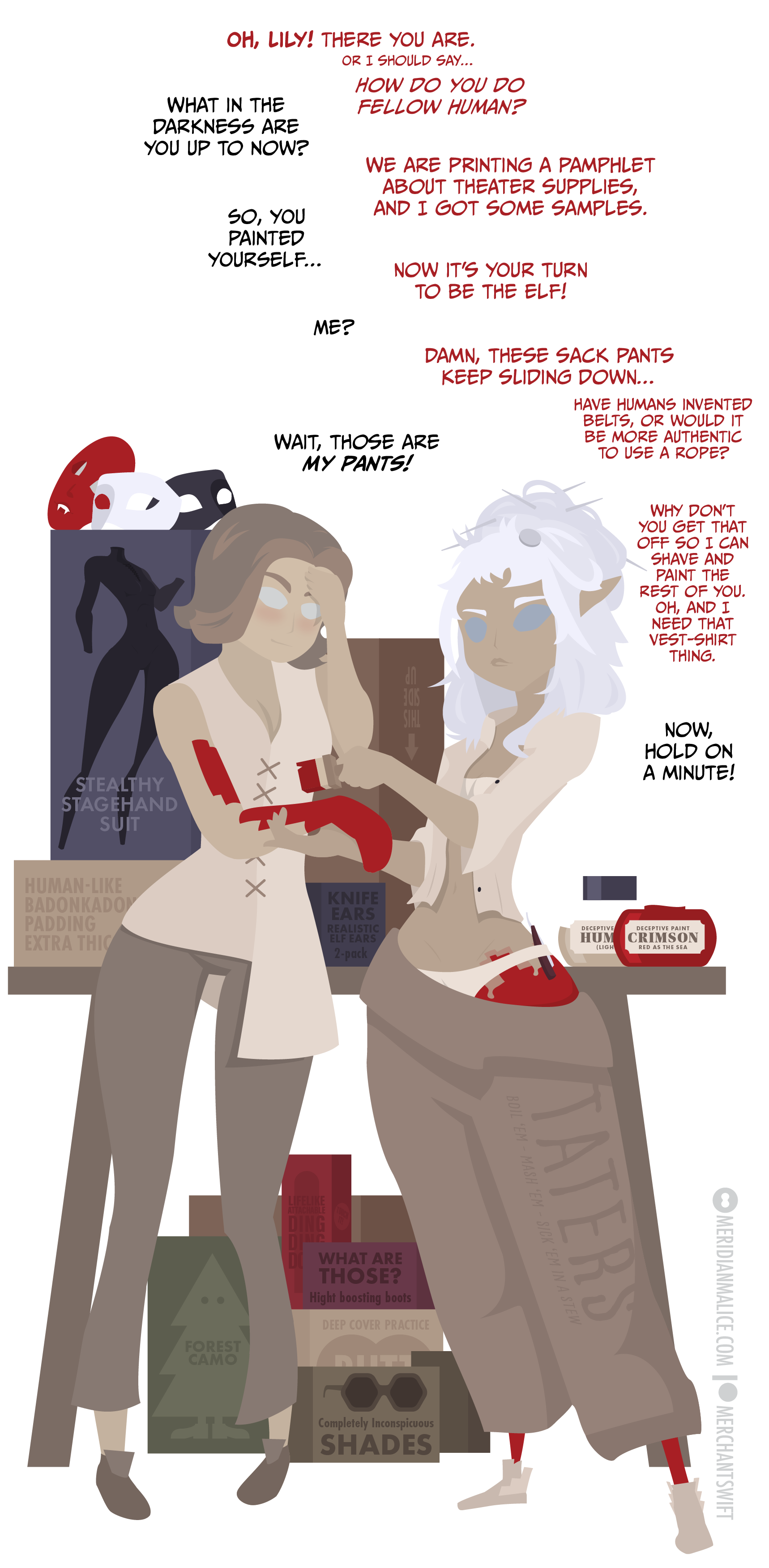 A comic page were Fiona and Lily tries on some of the elven disguises and costumes