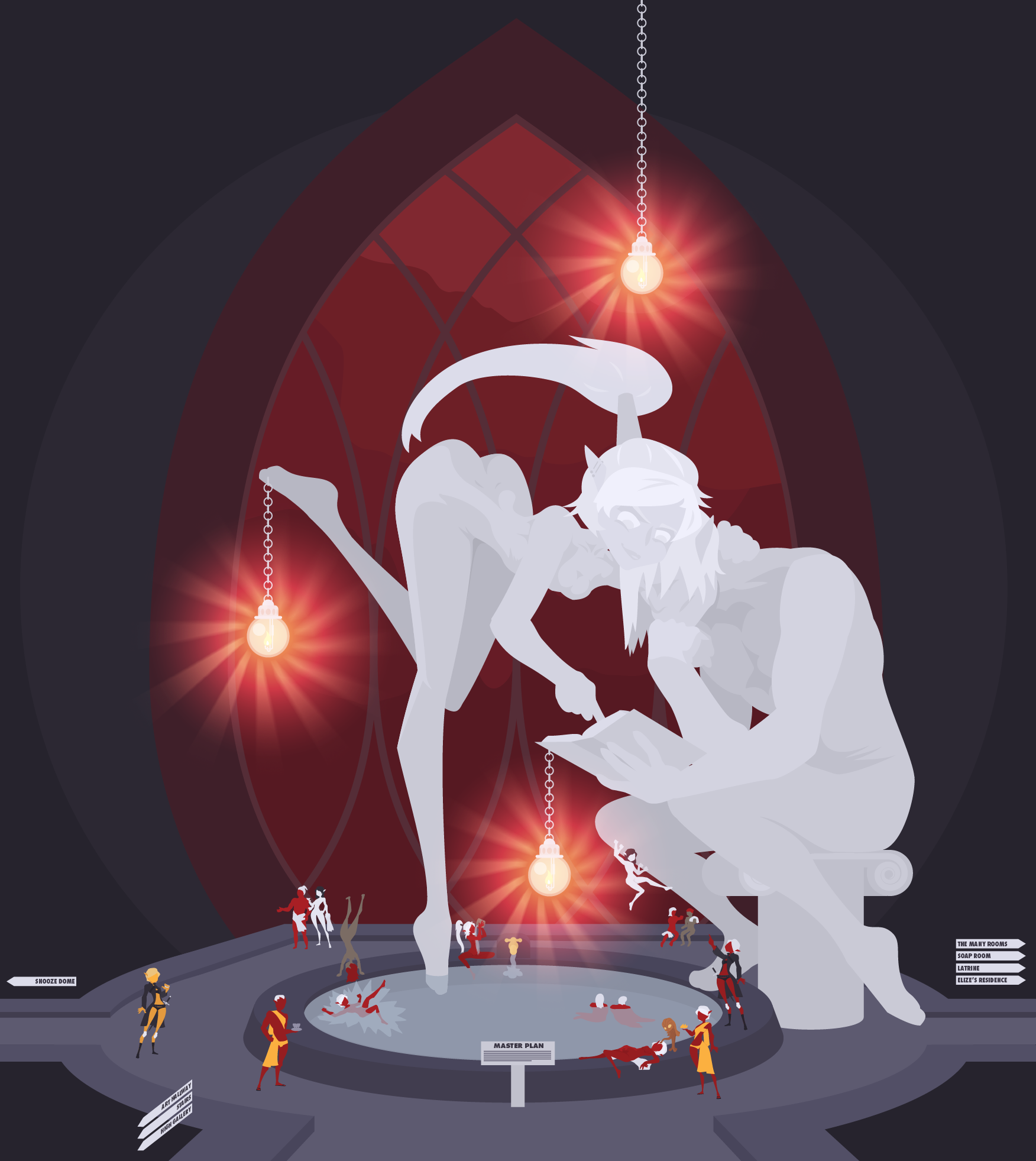 Two massive statues of Elize and Icarus Crane, above a pool in the Elizeium baths