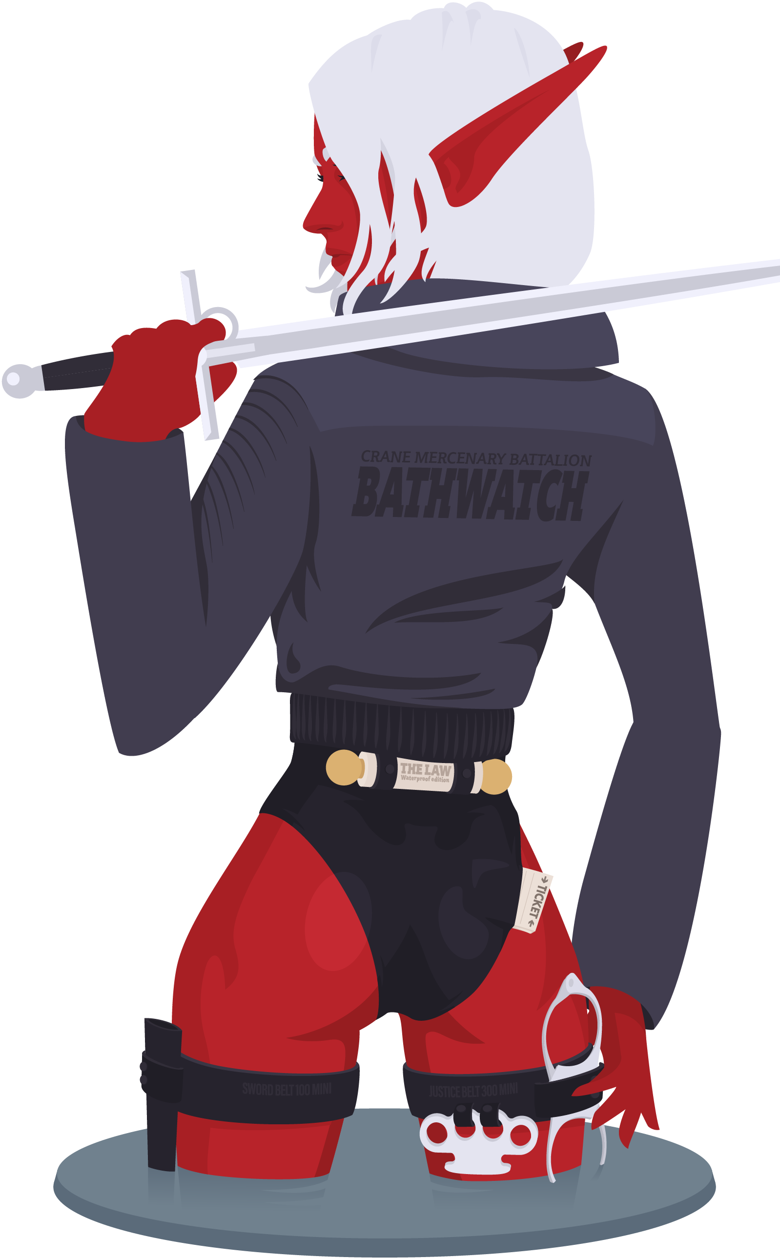 An elven bathwatch. Elf mercenary with a sword, jacket, and swimsuit.