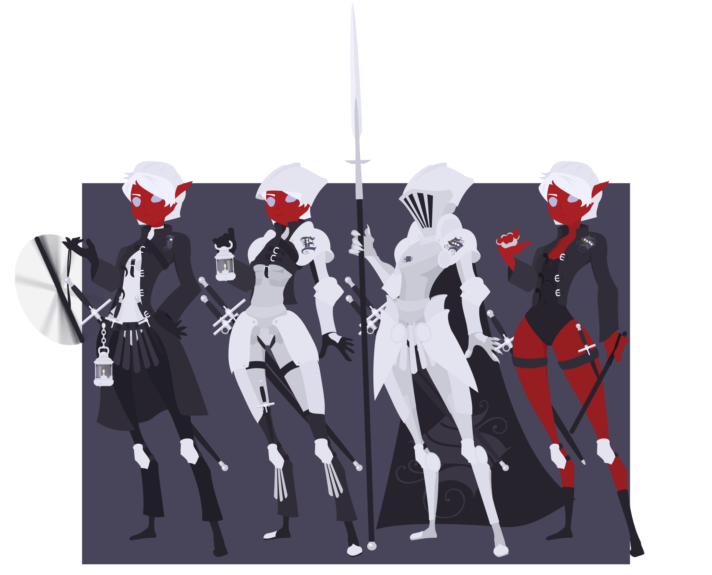 Elven mercenaries line-up. Peacekeeper, truthmaker, legion, and bathwatch. The four main branches of the elven guard.