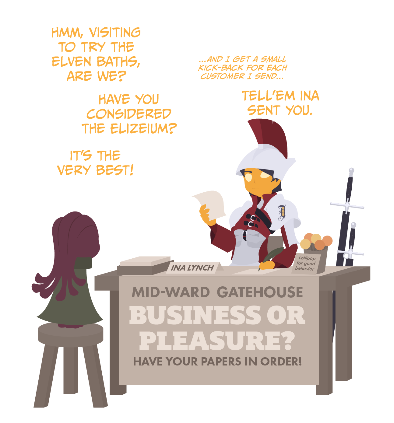 A conversation between a squid and an elf guard.