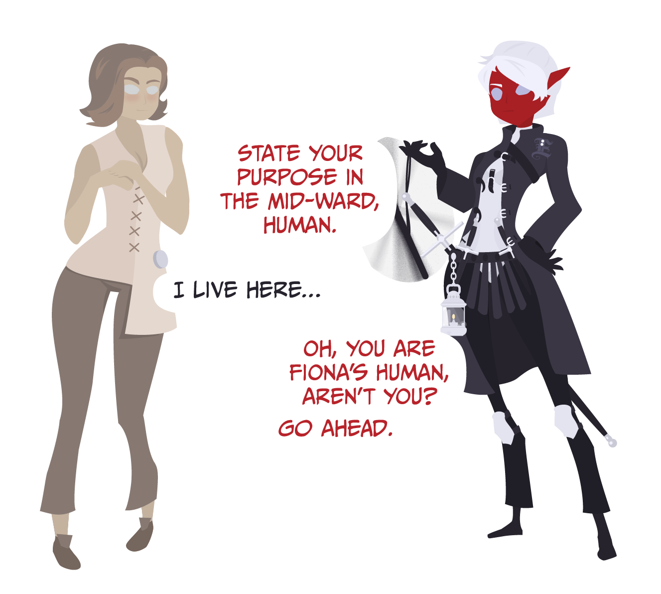 A conversation between a human and an elf guard