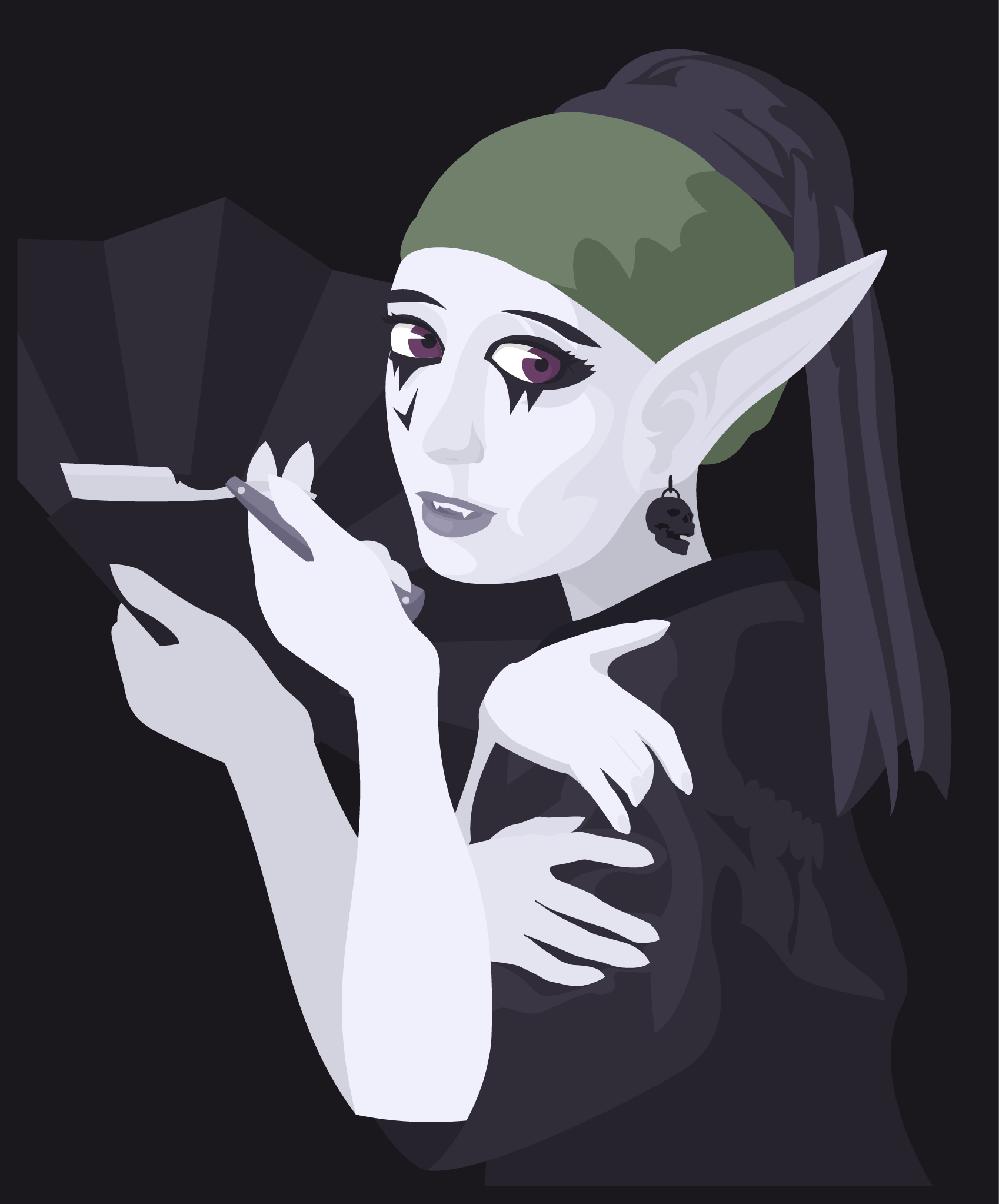 A Valari Elf. Pale skin, four arms, and purple eyes.