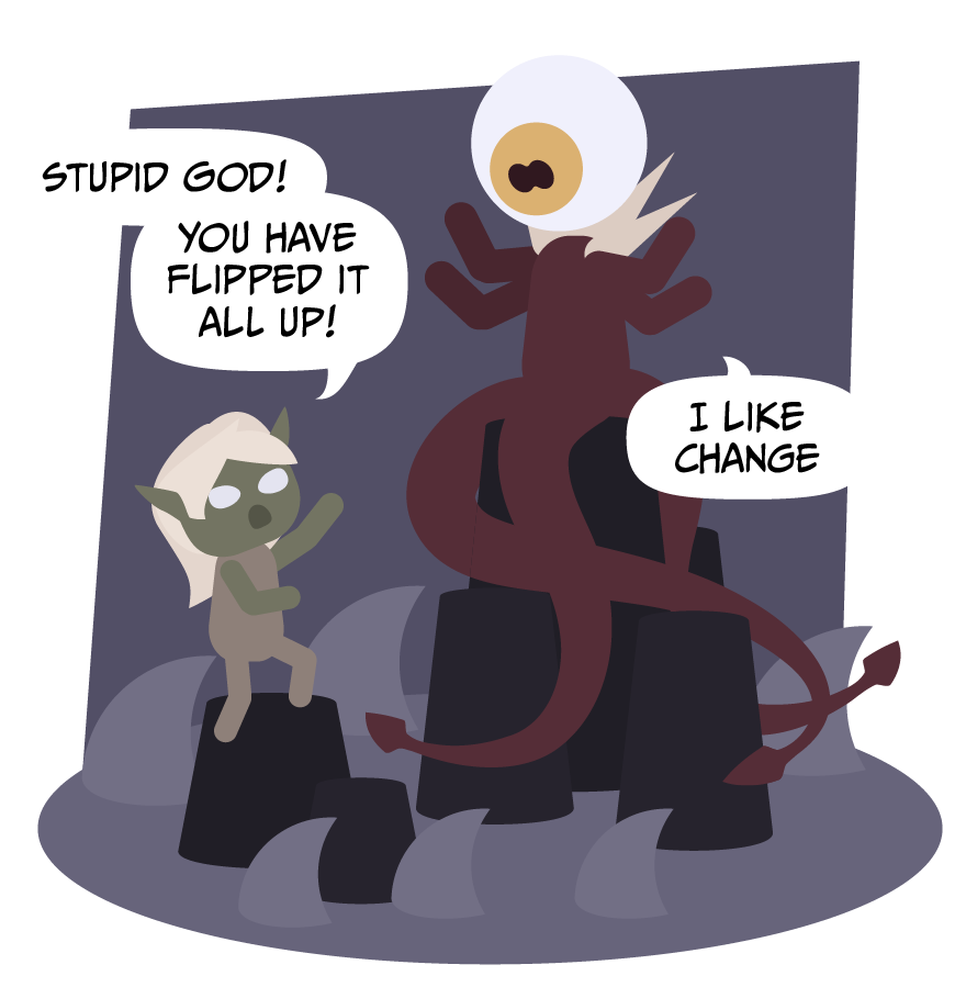 Escria faces the god of Change, accusing her of causing the plague.
